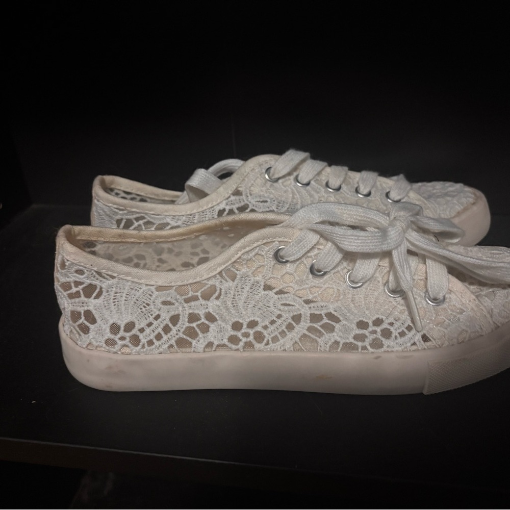 Lace Canvas Sneakers & Flats  - White
